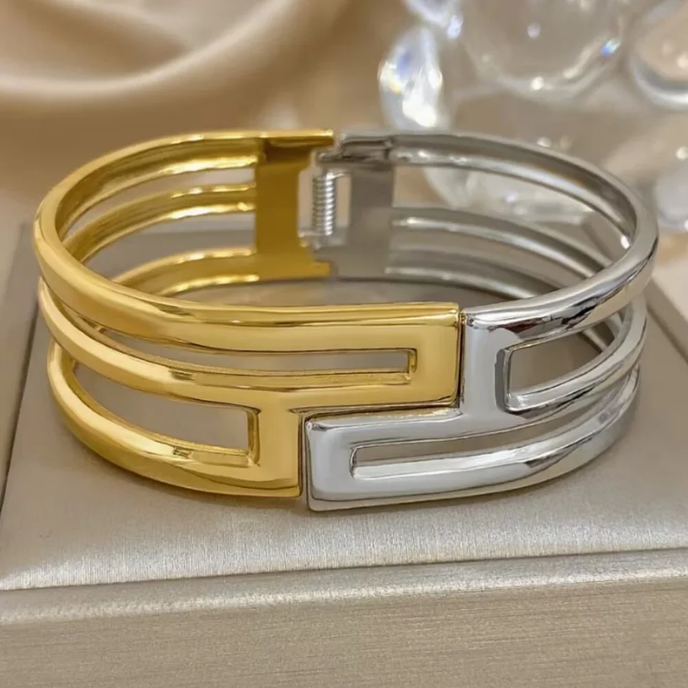 Elegant Chunky Punk Golden Stainless Steel Bangle Geometric Wide Cuff